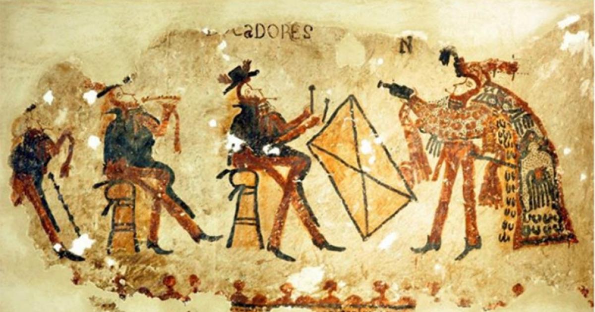 Part of the Maya wall paintings featuring musicians dressed in European attire (three figures on the left) and a dancer in Maya dress (rightmost figure).  Image: R. Słaboński / Antiquity Publications Ltd