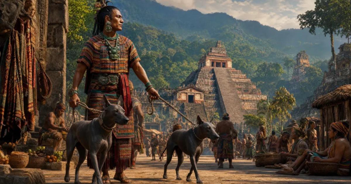 Representation of Maya city in Mexico, with Maya dog trader and dogs.