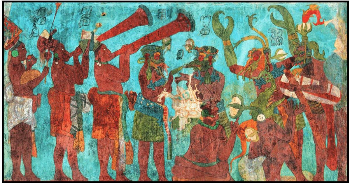 Mayan Music: A painted image of a file of Mayan musicians playing rattle, ocarina, and trumpets while a theatrical scene goes on.