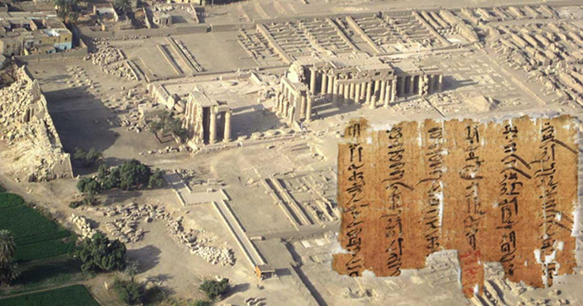 Aerial view of Thebes' Ramesseum, showing pylons and secondary buildings and the Medical Papyri.