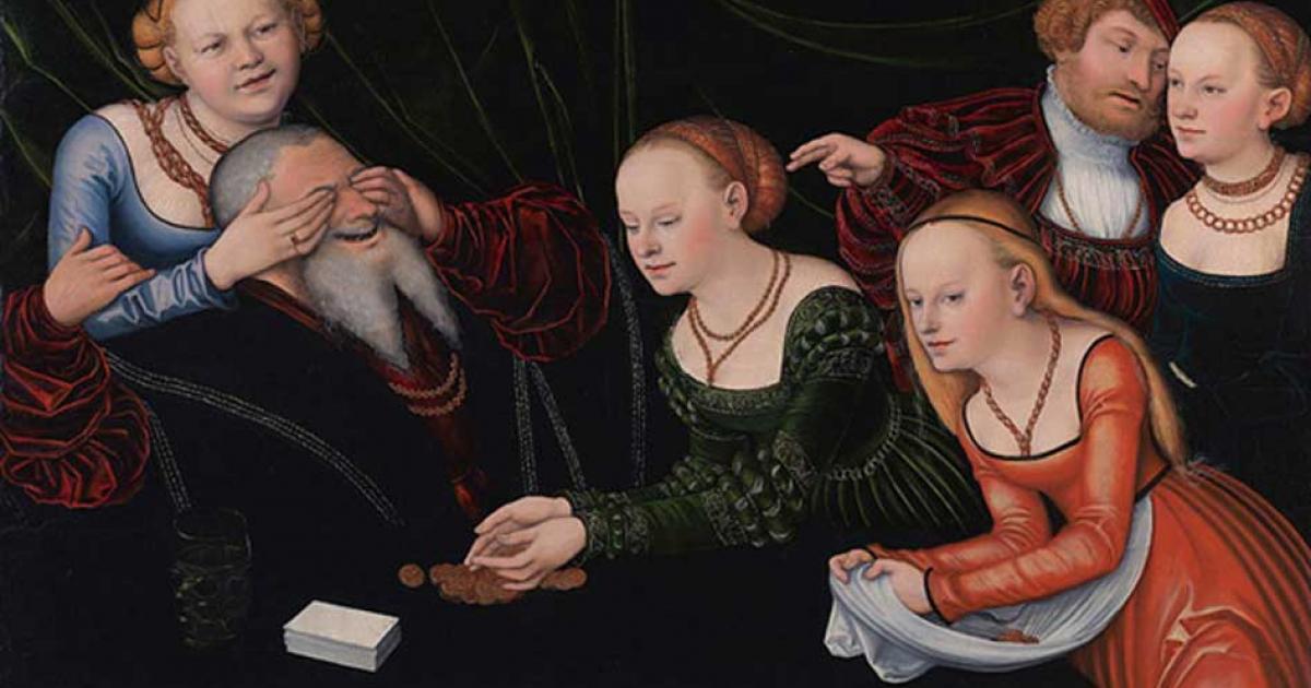 Old man beguiled by courtesans.