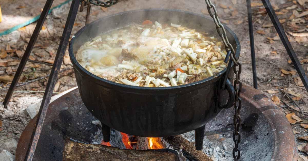 A meat and vegetable stew in a black cauldron cooking over an open fire. Source: Sunshower Shots/Adobe Stock