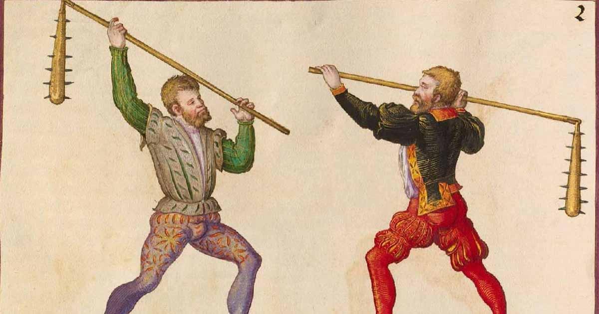 Spiked versions of long-handled peasant flails. From Paulus Hector Mair's combat manual ‘Arte De Athletica’. Public Domain