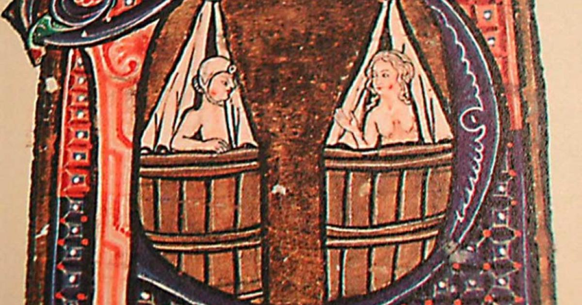 Medieval style bathing depicted in calligraphy of a book circa 1400.