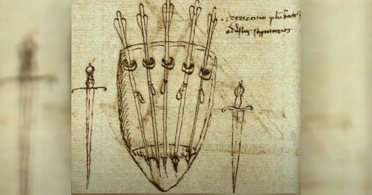 Sketch of Medieval shield and throwing darts. Source: YouTube Screenshot / Tod’s Workshop.