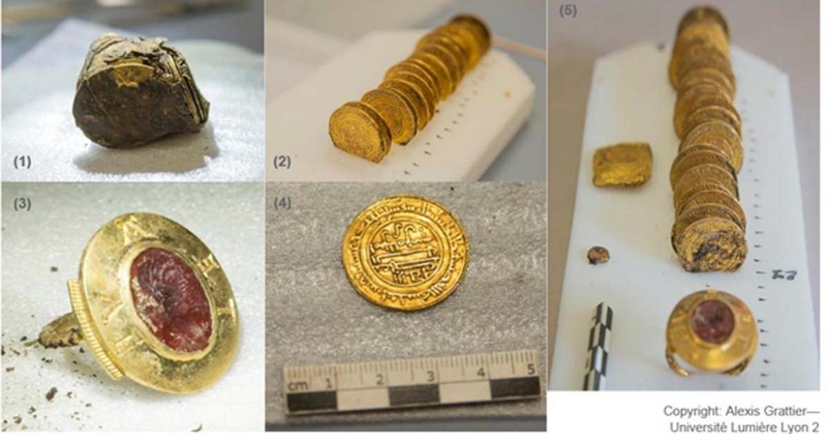 (1) Knotted tanned hide bundle before extraction of contents; (2) & (4) gold dinars; (3) signet ring with intaglio; (5) contents of knotted tanned hide bundle.