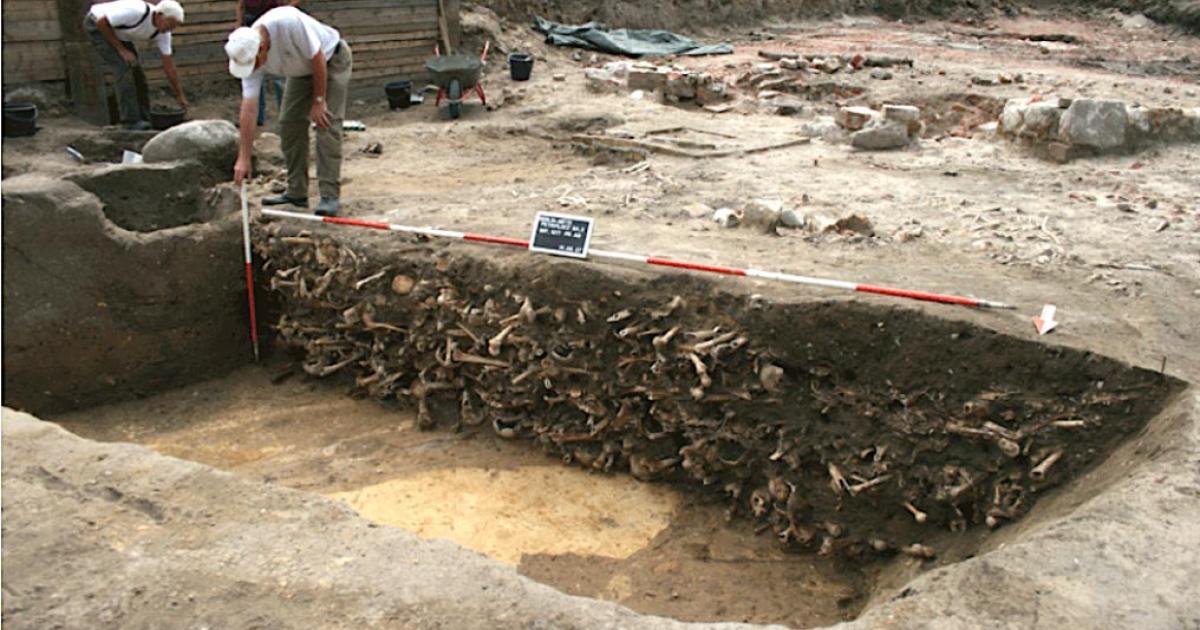 Human remains found at the excavation site at the medieval cemetery in Petriplatz, Berlin.    Source: Ausgrabung Petriplatz