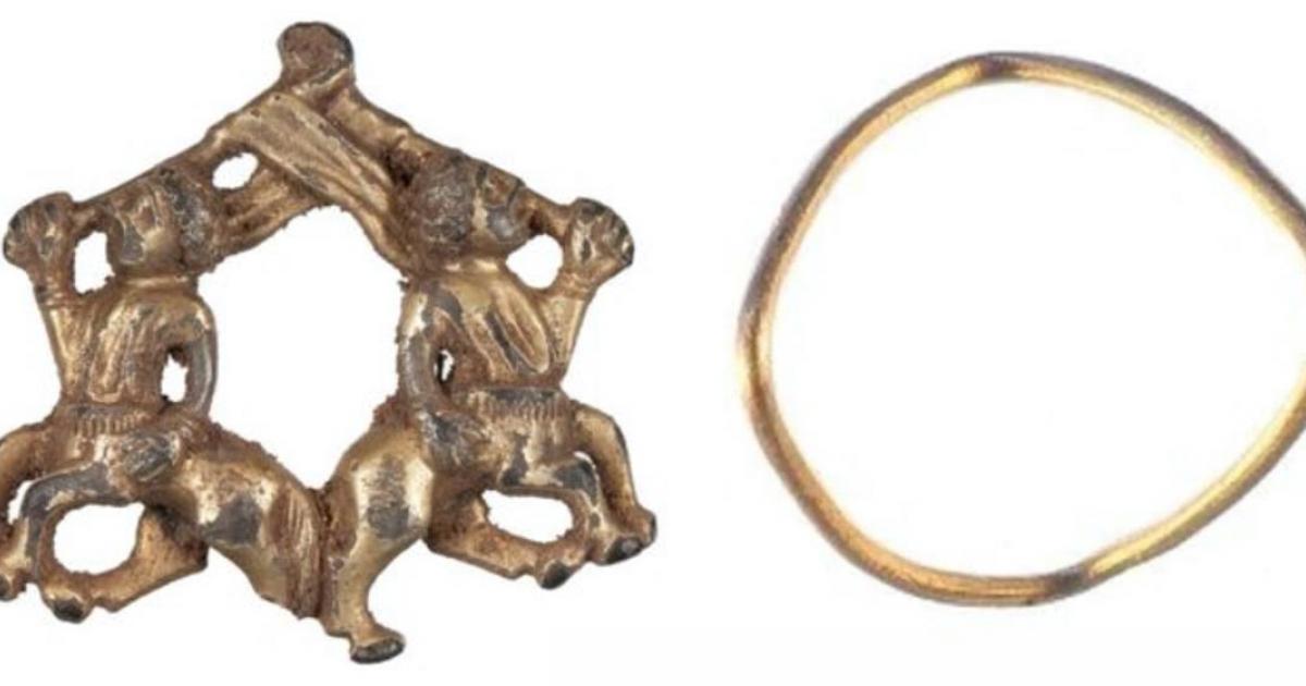 The Iron Age and medieval jewelry unearthed in Shropshire, England. Left: the medieval brooch with centaurs. Right: The gold Iron Age ring.            Source: British Museum’s Portable Antiquities Scheme
