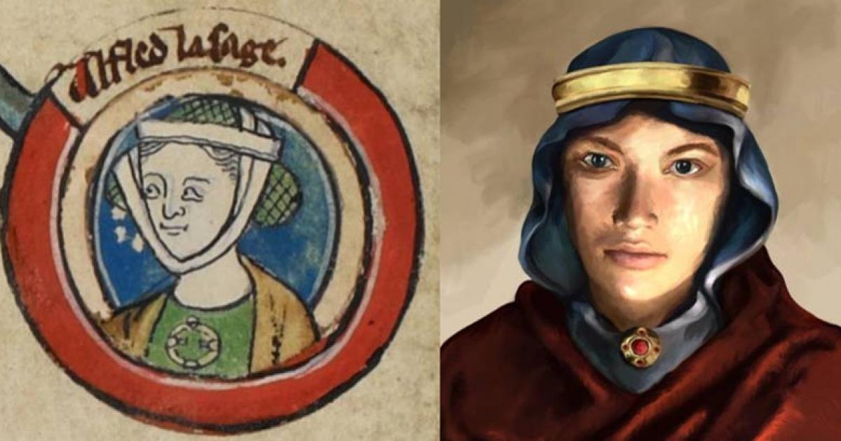 Medieval miniature of Æthelflæd in Genealogical roll of the kings of England. 14th century