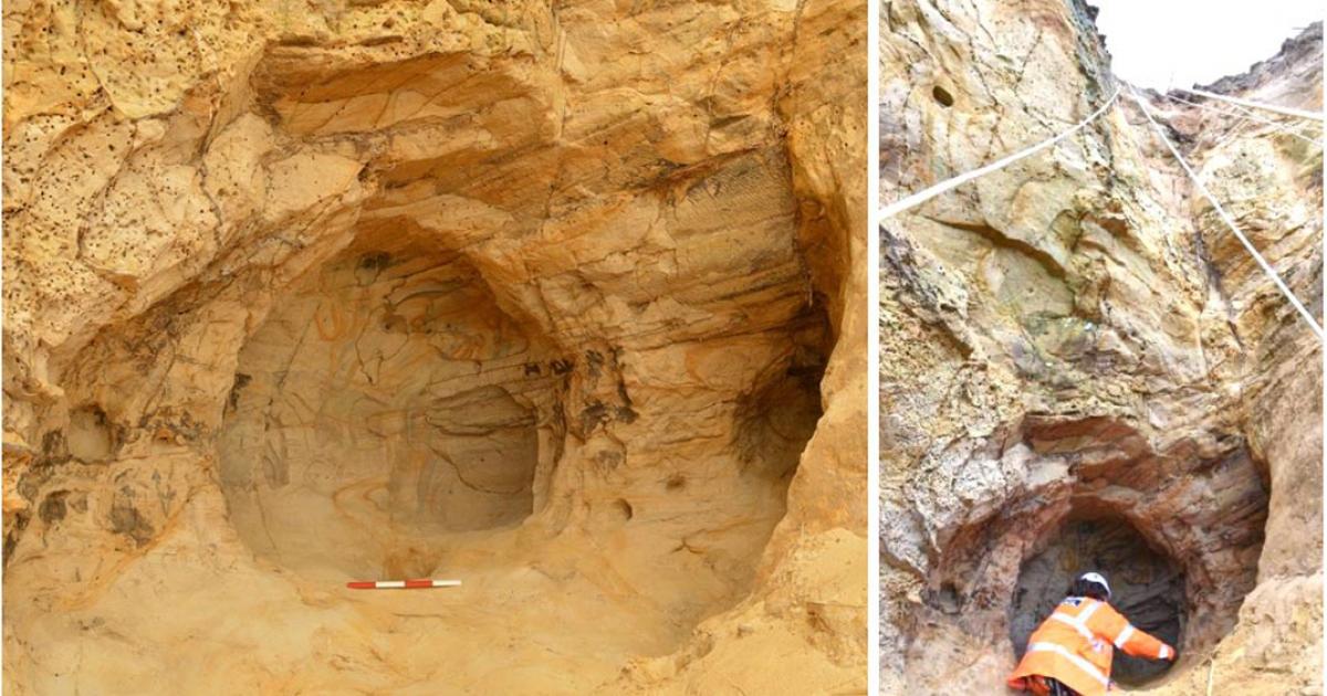 Left: The small cave is full of intricate engravings, initials and other markings, revealing insights into medieval religion. Right: Archaeologists investigating the cave, which could only be reached by abseiling. Source: Archaeology South East