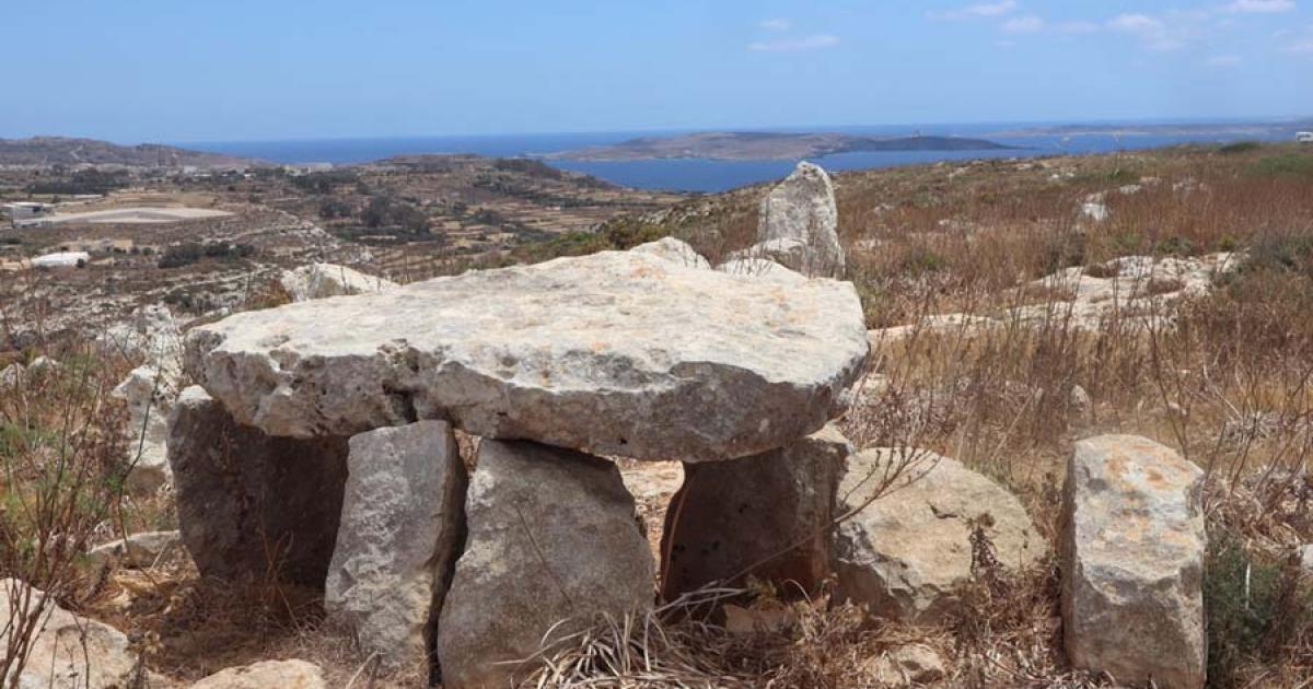 Ta’ Cenc dolmen, one of the best-preserved Megalithic dolmens in Malta, sits on the edge of the Ta' Cenc Cliffs. 