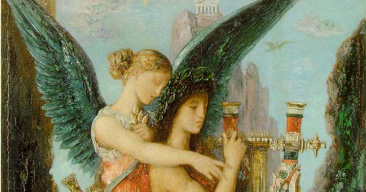 Melpomene in a painting ‘Hesiod and the Muse’ (1891) by Gustave Moreau. 