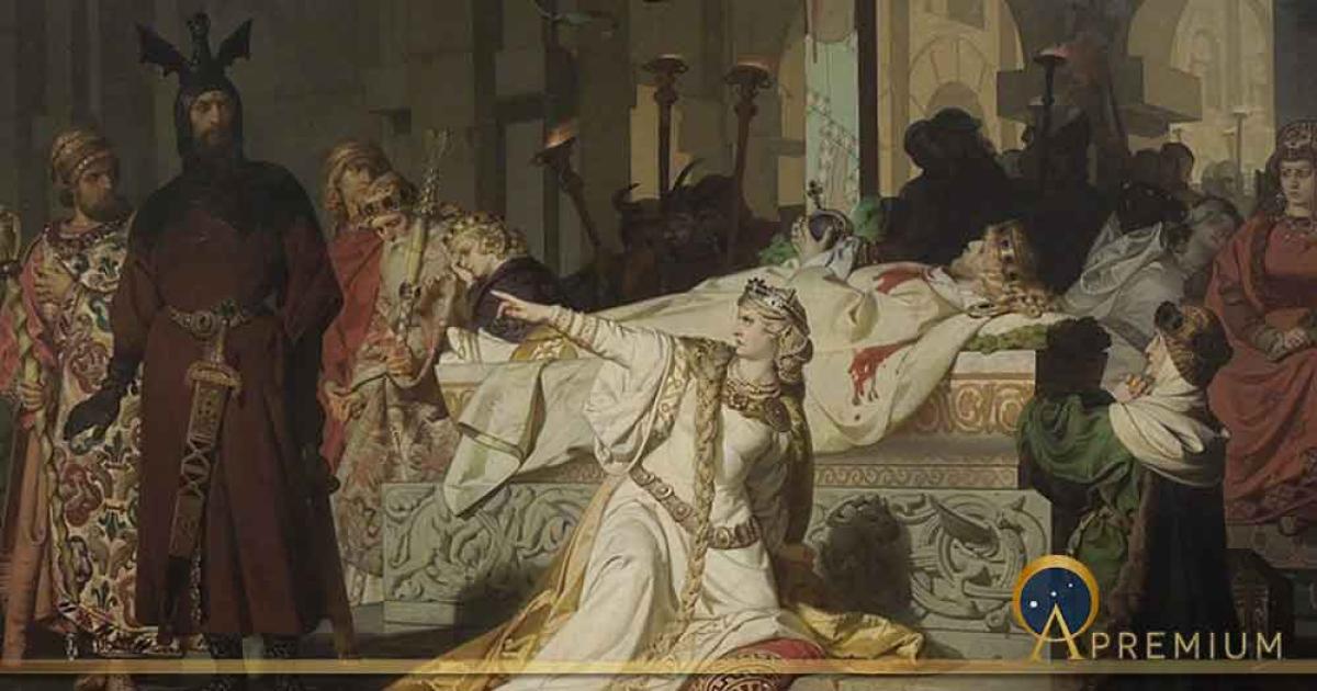 Kriemhild accuses Hagen of murdering Sigfrid after Sigfrid's wounds begin to bleed in Hagen's presence, by Emil Lauffer (1879) (Public Domain)