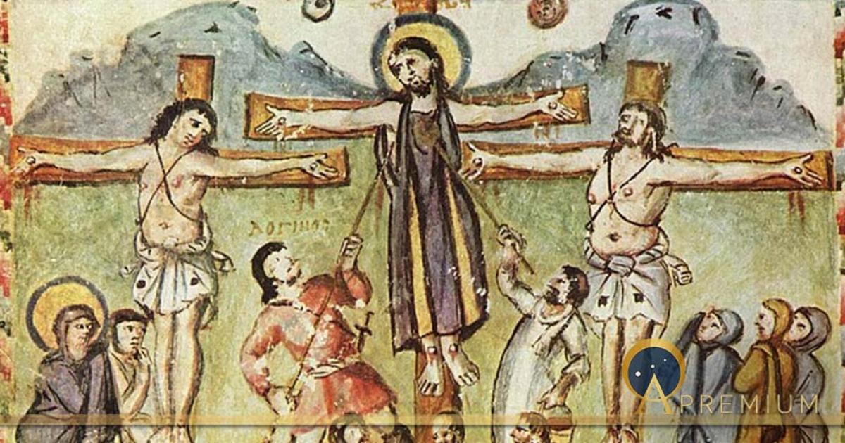 Crucifixion miniature, Rabula Gospels, with the legend "Loginos". Meister des Rabula-Evangeliums - The Yorck Project (2002) (Public Domain)