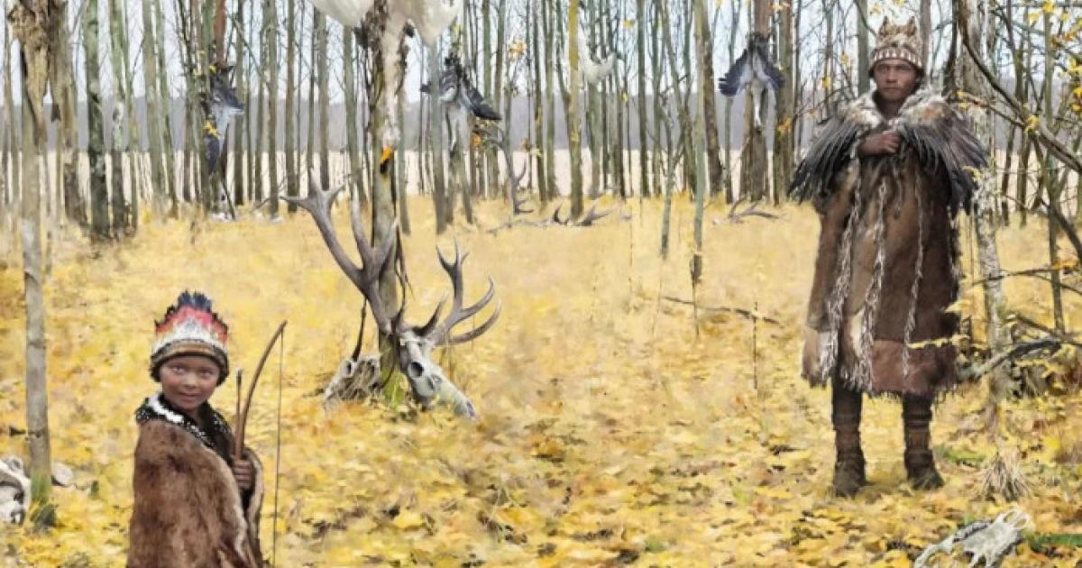 Artist’s impression of the Skateholm burial island. In the foreground is a boy whose grave contained a deer hair and possibly a fragment of a woodpecker feather. 