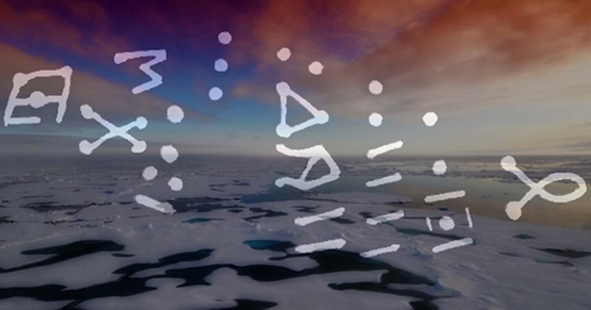 Antarctica (Public Domain) and Figure 6 © William James Veall: a drawn pattern of rocks seemingly set in the form of an ancient legend embedded into the seashore; Deriv.