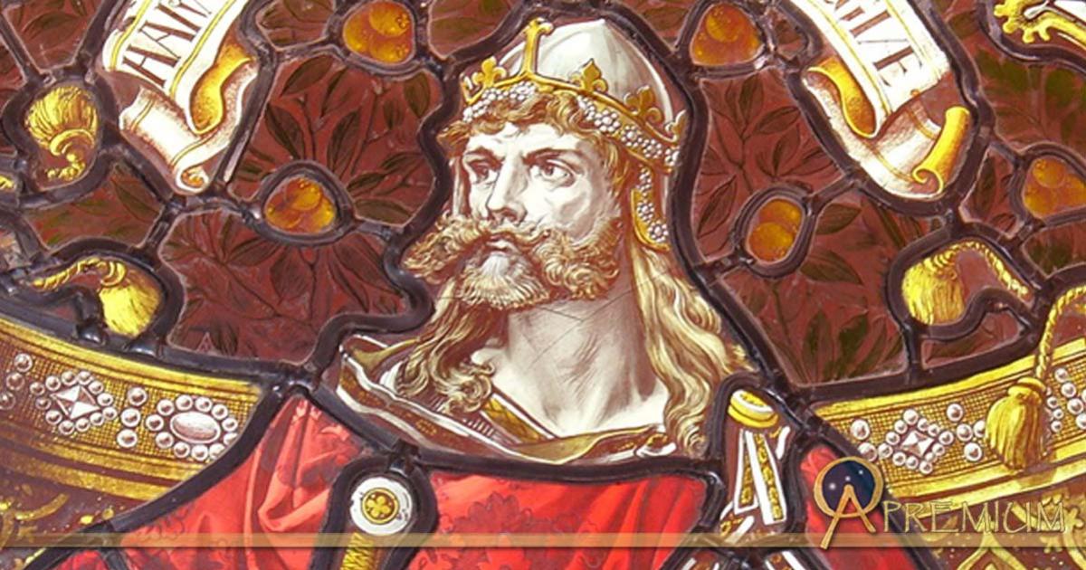 Window with a portrait of Harald in Lerwick Town Hall, Shetland