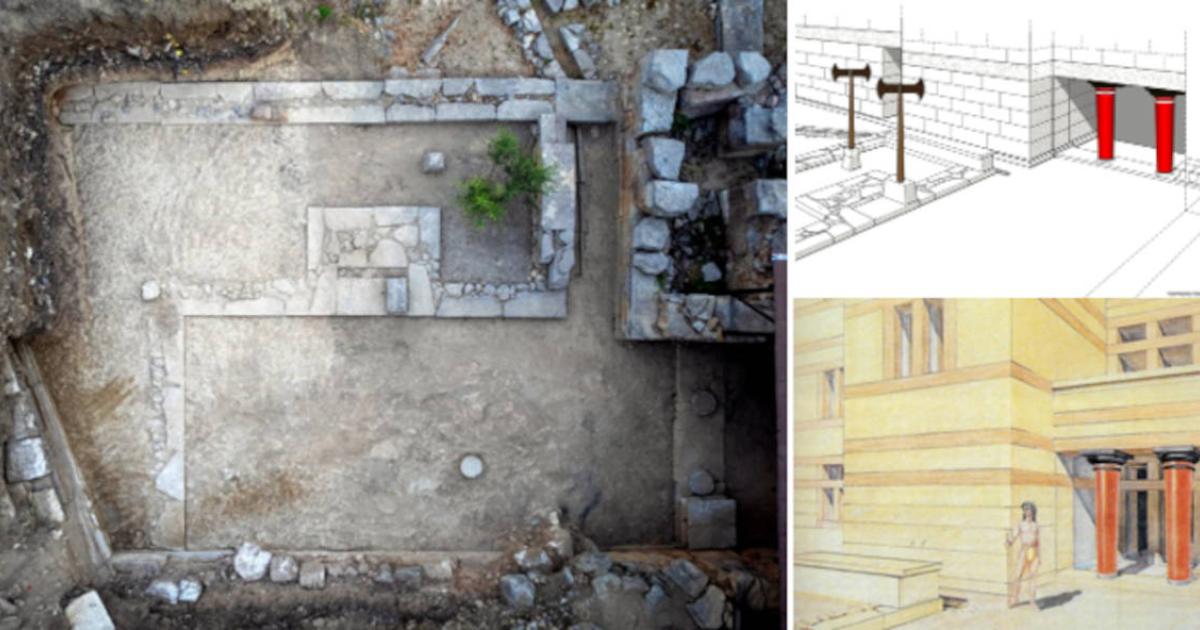Photo of the gate sanctuary unearthed at Minoan Palace of Archanes, and artist’s impressions. 