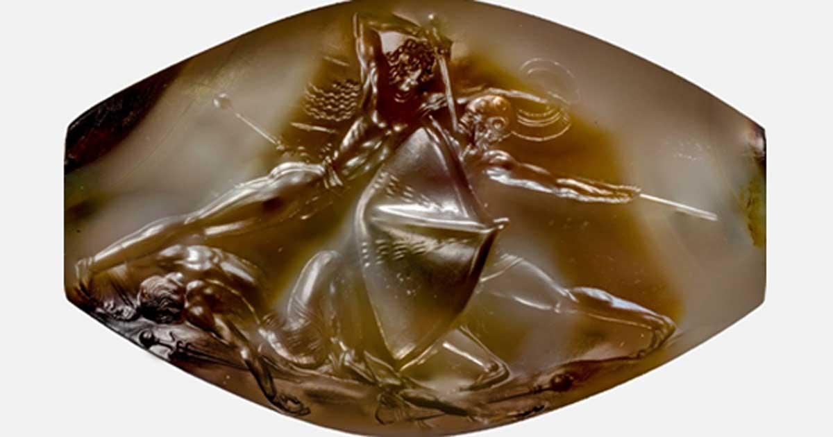 The Pylos Combat Agate, an ancient object found in Pylos, Greece and created around 1450 BC. 
