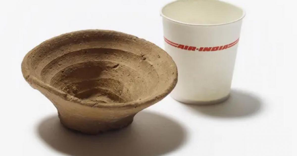The Minoan cup, shown here next to a modern throwaway container that washed up in the Pacific.    Source: Trustees of the British Museum