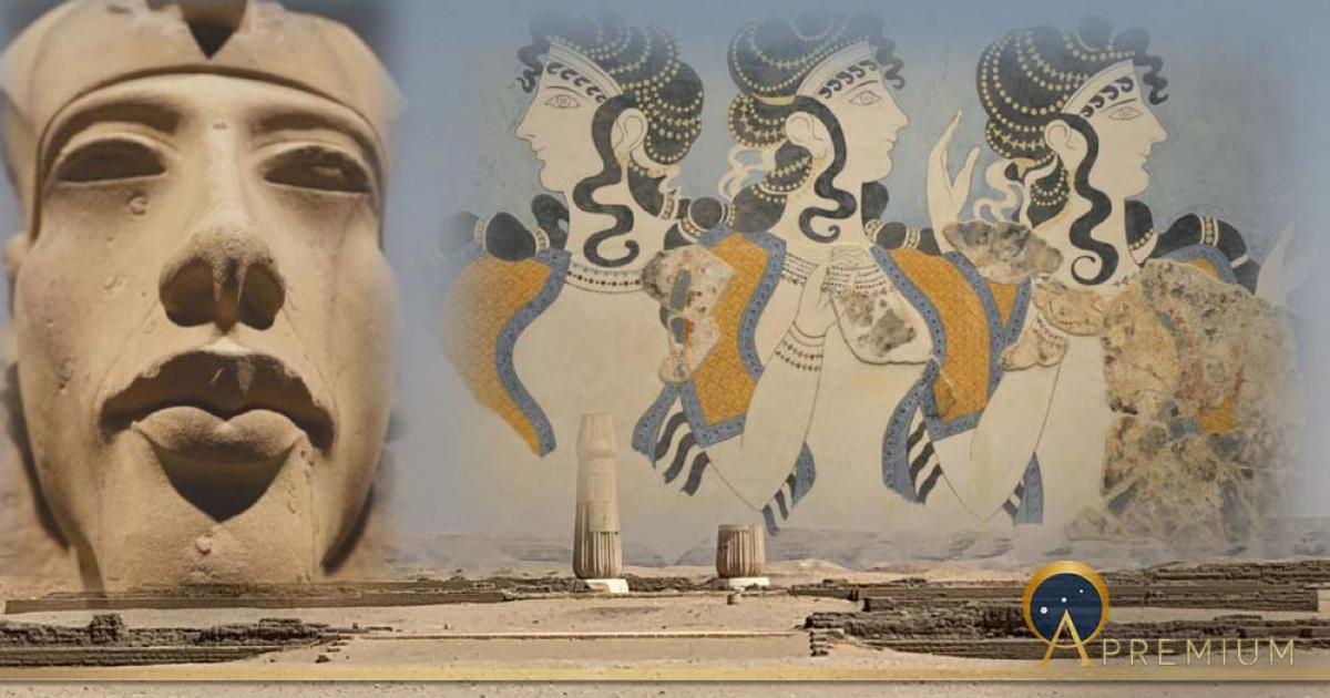 Fusion of elements: 1) the central city of Amarna, looking east (photo by author), a statue of Akhenaten, with the famous Minoan fresco from the Knossos Palace, “Ladies in Blue”, circa 1500 BC. (Public Domain)