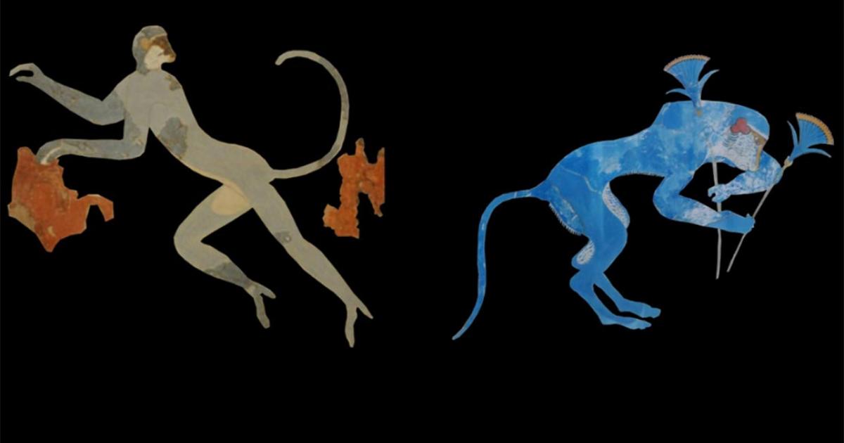 Left, vervet monkey depicted in Minoan art at Akrotiri, Thera; Right, Baboon shown in a fresco at Knossos      Source: Antiquity Publications Ltd