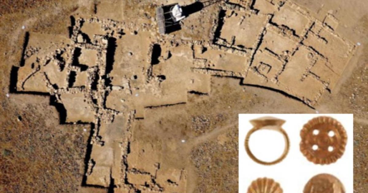Left: bird’s eye view shot of the excavation site, and right: Minoan treasure / gold ring unearthed at site.        Source: Greece Ministry of Culture and Sports