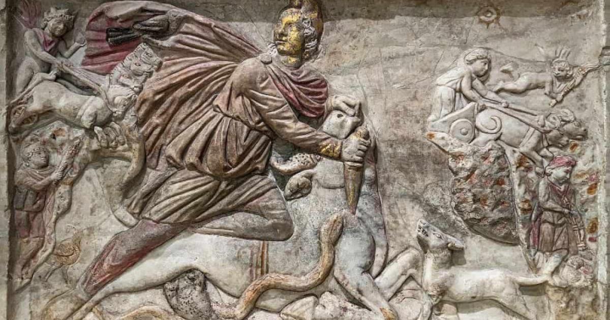 Relief showing Mithras slaying the bull from the Mithraeum found under S. Stefano Rotondo, Rome, late 3rd century AD.