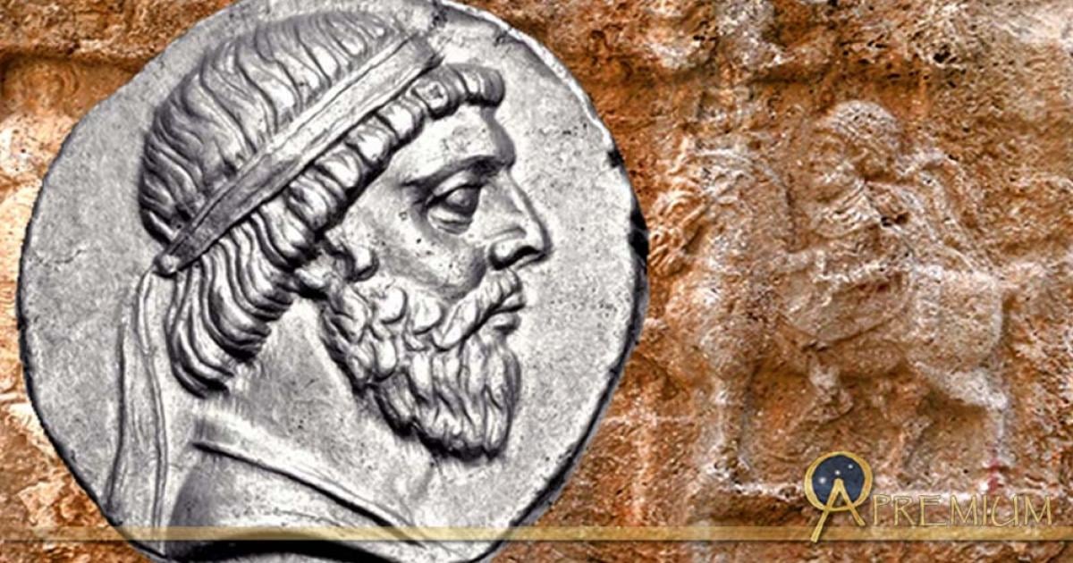 Coin of Mithridates I of Parthia (Classical Numismatic Group, Inc. and Relief of Mithridates I at Xong-e Ashdar in Izeh, Khuzestān ;Deriv.