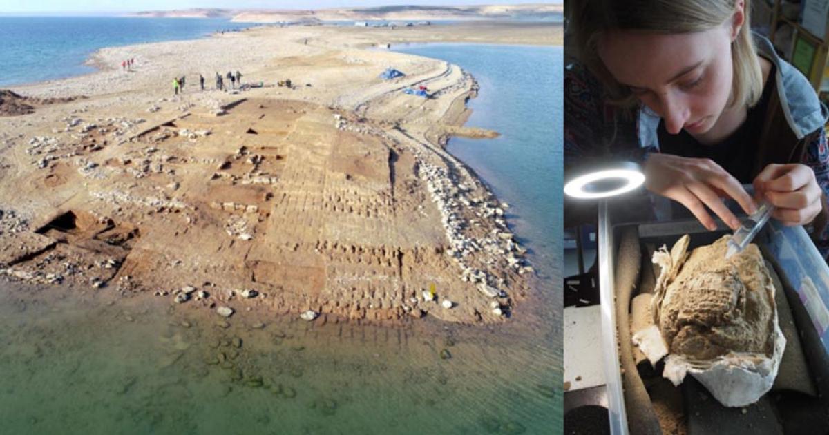 Aerial view of the excavations revealing the Mittani Empire settlement at Kemune with Bronze Age architecture partly submerged in the lake.	Source: © Universities of Freiburg and Tübingen, KAO