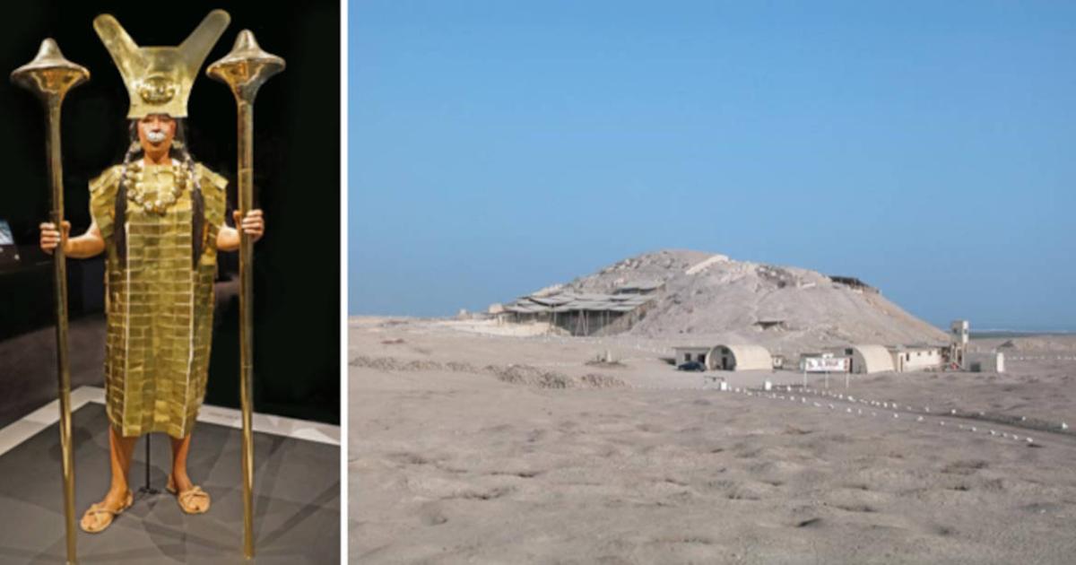 Left; Reconstruction of the Lady of Cao. Right; Huaca Cao Viejo temple at the El Brujo archaeological complex in Peru.