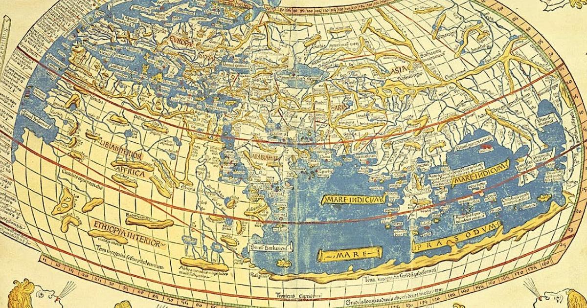 Many think of modern globalization as a corporate phenomenon, linking it to the spread of coronavirus. But in fact, archaeology evidences it began in antiquity up to 5,000 years ago. Pictured: Ptolemy’s Global map. 	Source: British Library	