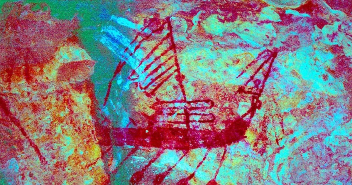 D-stretch image of the Australian rock art in which Moluccan warships have been identified.  Source: Darrell Lewis / CC BY 4.0