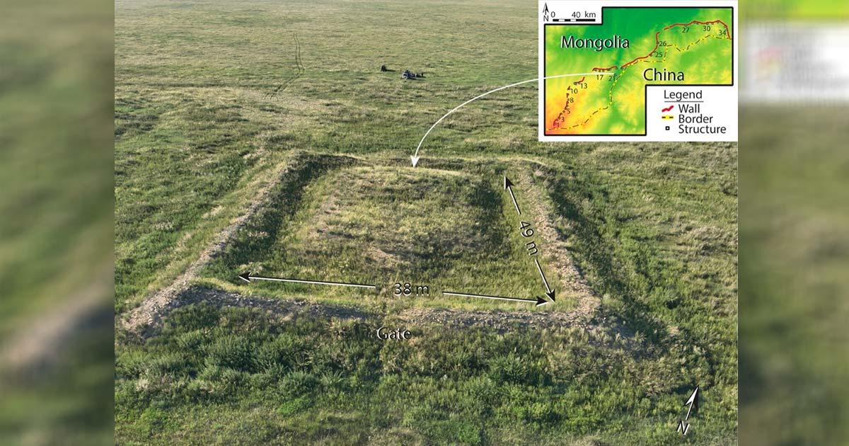 An aerial view captures a standard segment of the Mongolian Arc wall. Researchers investigating this lesser-known portion of the Great Wall of China have unveiled fresh perspectives on its historical significance. Source: Khaltaryn Balgas (MA21)/Journal of Field Archaeology 