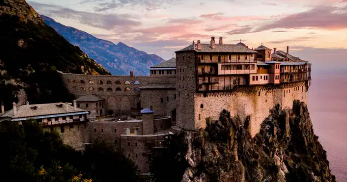 Sunset view of the Simonopetra (Greek for "Simon's Rock") Monastery, on the southern coast of the Athos peninsula. Source: Athanasios Serafeim distributed via imaggeo.egu.eu / CC BY 3.0