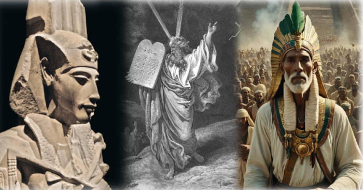 Montage (by author) of Akhenaten, Moses, and the Feathered Serpent, first priest-king of ancient Mexico.