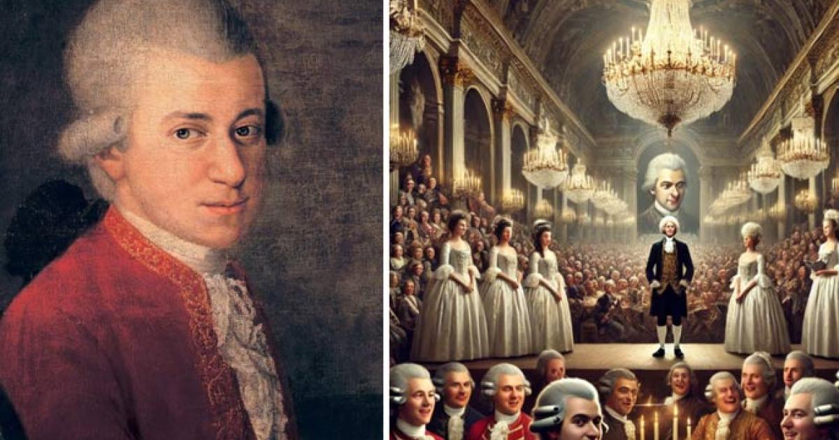 Left; Detail of Wolfgang Amadeus Mozart from Mozart family portrait by Croce. Right; and AI representation of the scene in Vienna.	Source: Public Domain