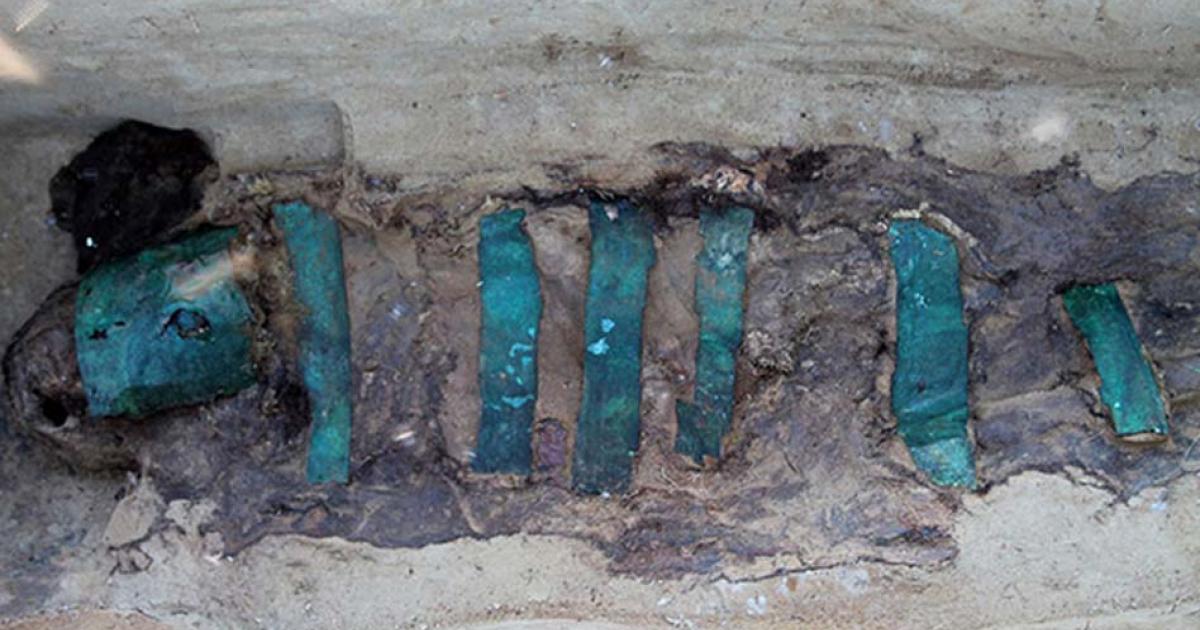 A cocoon with a mummy of an adult was covered with copper plates head to toe. Picture: Alexander Gusev