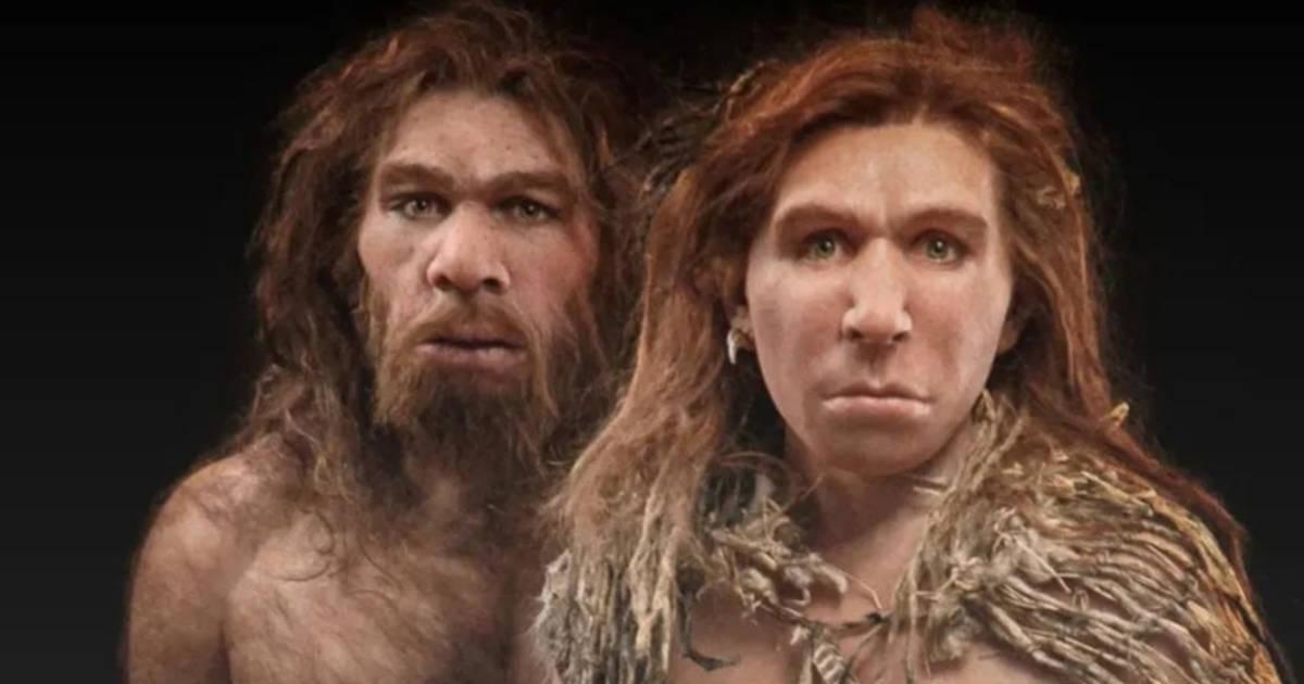 Illustration of Neanderthal couple, based on latest research into the Neanderthals’ actual appearance.