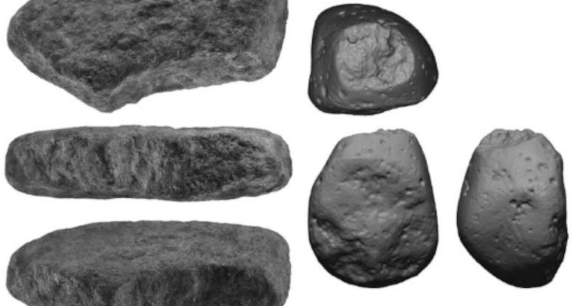 Stone anvil and hammerstone used to crush or grind plant-based foods that were found at the Gesher Benot Ya’akov site, photographed from different angles.