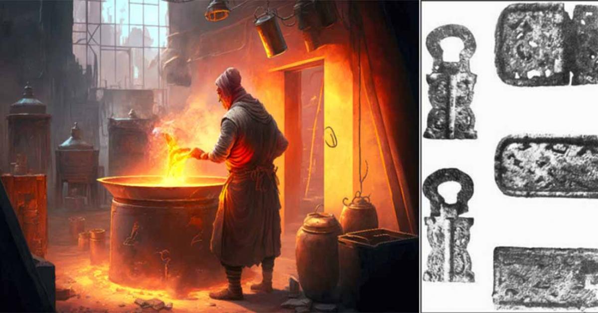 Left, ancient alchemy painting. Right, The artifact known as the ‘Nanjing Belt’ seems to be proof of the existence of aluminum in early China. Source: Left; primopiano/Adobe Stock Right; Soul-guidance