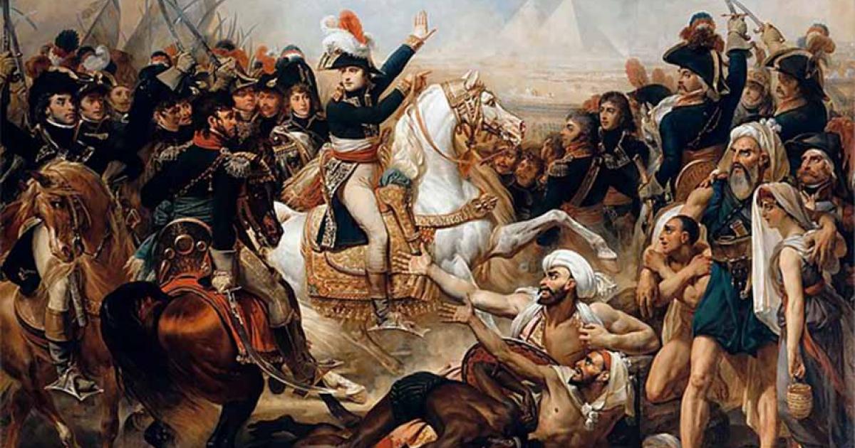 Napoleon at the Battle of the Pyramids, 21 July 1798, oil on canvas, 1810. By Antoine-Jean Gros; design by Anand Balaji.	Source: Public Domain	