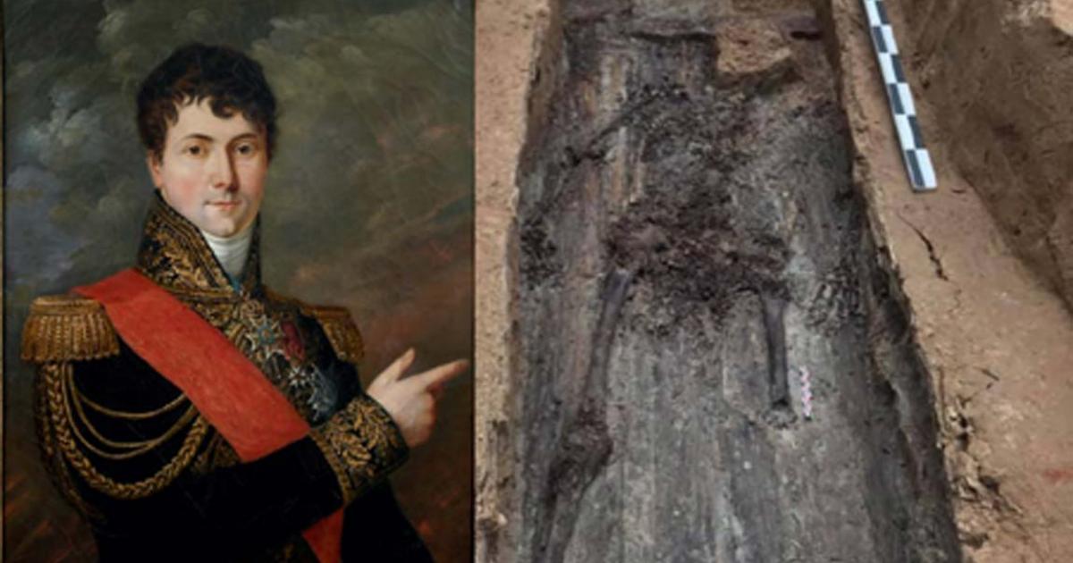 Portrait of General Charles Etienne Gudin (1839) by Georges Rouget (Public Domain) and the skeletal remains which are believed to belong to the General. (Pierre Malinowski)