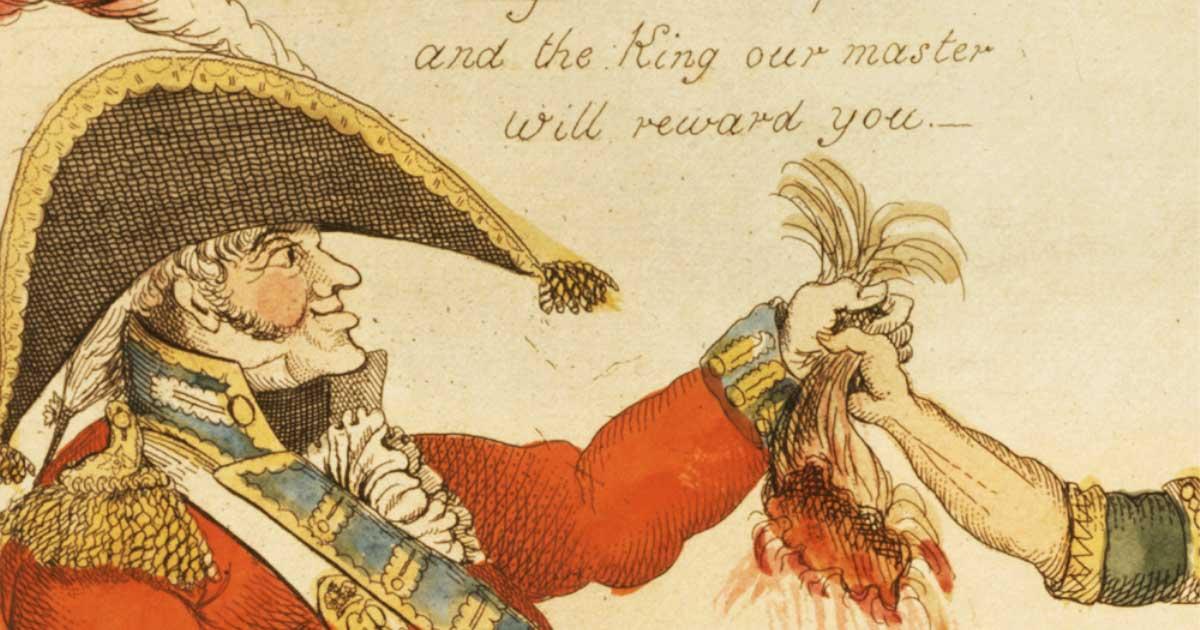 Segment from a political cartoon depicting the practice of scalp bounties for Native American scalps in North America. Source: Public domain