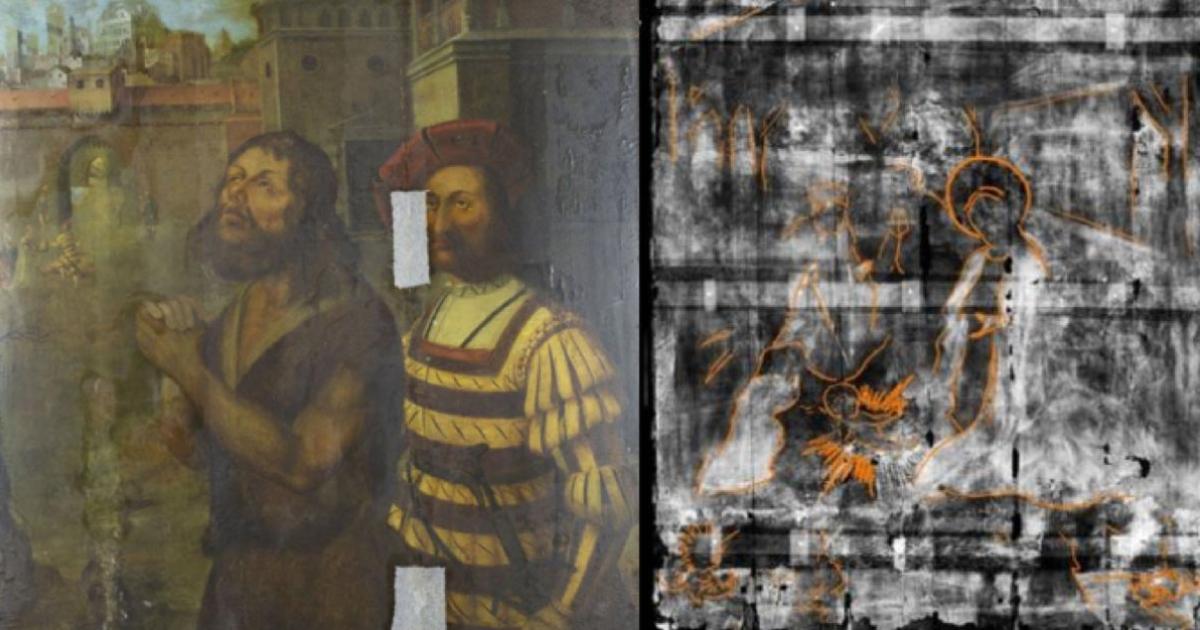 The Nativity scene (right) was discovered by x-ray under the painting of the beheading of John the Baptist (left). Source: Northumbria University and Bowes Museum