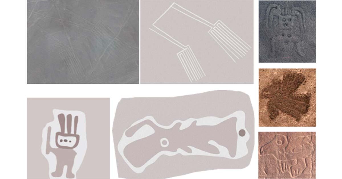 Left, Nazca geoglyphs recently discovered using artificial intelligence show figures of a pair of bird legs, a humanoid and a fish at Nazca in Peru. Right, Examples of various types of Nazca image creation techniques.	Source: Yamagata University Institute of Nasca