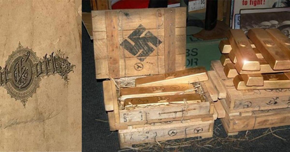 Part of the alleged SS officer’s diary (WhatsNews2Day) and representation of Nazi gold. (YouTube Screenshot)