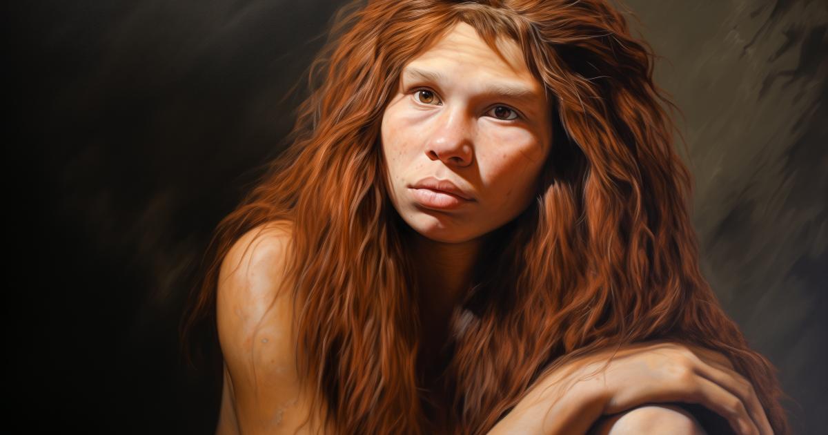 Close up portrait of a Neanderthal human woman.