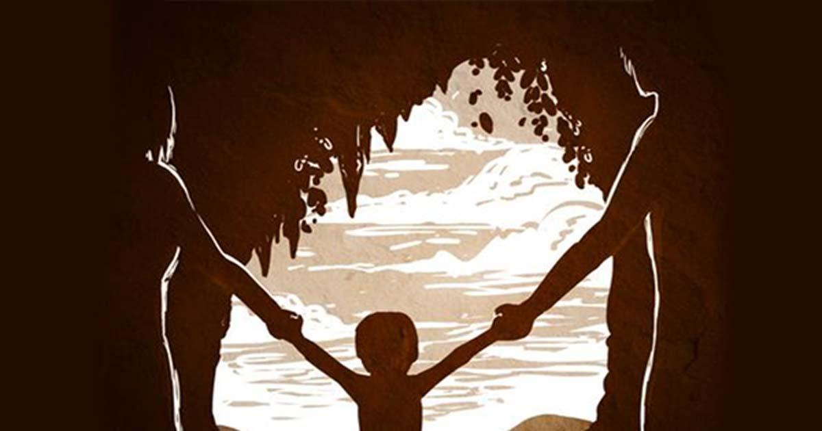 Drawing of a Neandertal mother and a Denisovan father with their child, a girl, at Denisova Cave in Russia.