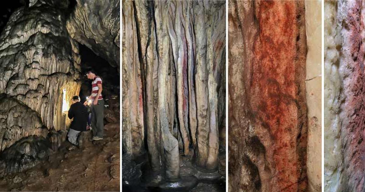 The stalagmite section in the Ardales Cave in Malaga, Spain that was painted with red ochre, pigment making it probably the oldest Neanderthal painting ever found in a European cave. Source: University of Barcelona